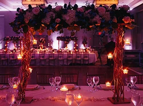prom hall with decoration and drinks